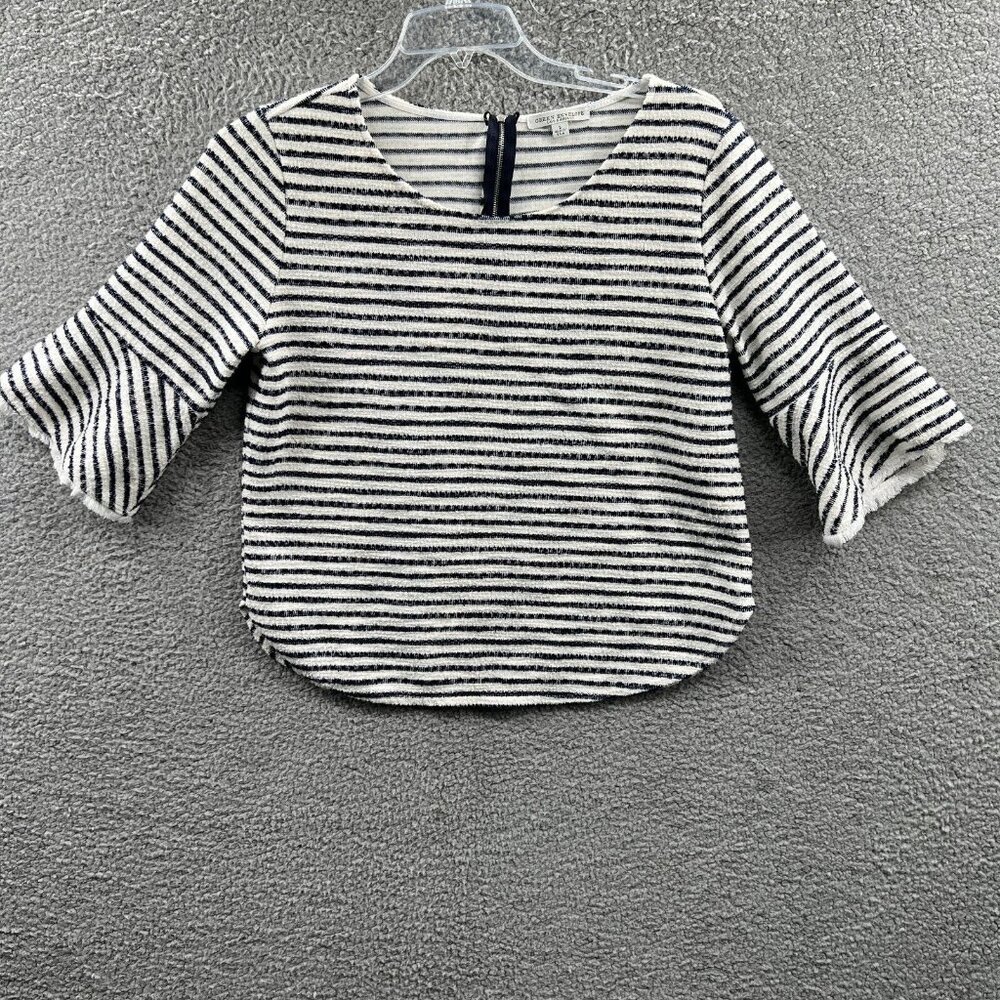Green Envelope‎ Womens Top Large Black White Pullover 3/4 Sleeve Back Zip Shirt
